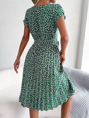 Green floral print midi dress with tie waist and short sleeves