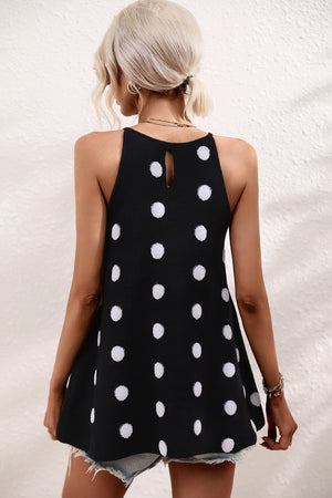 Black polka dot knit tank top with keyhole back detail