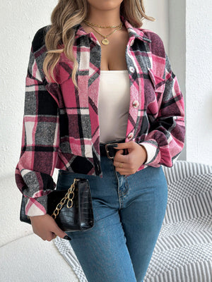 Cropped pink plaid shacket with gathered sleeves and button front.