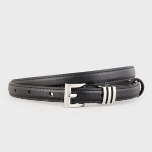 Black cowhide leather belt with silver buckle and triple stripe detail