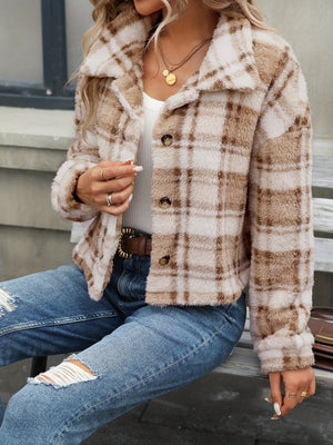 Camel plaid teddy cropped jacket with button front and collar.