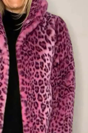 Pink leopard print faux fur collar coat with a plush texture.