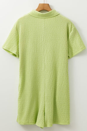 Lime textured collared romper with short sleeves and patch pocket detail