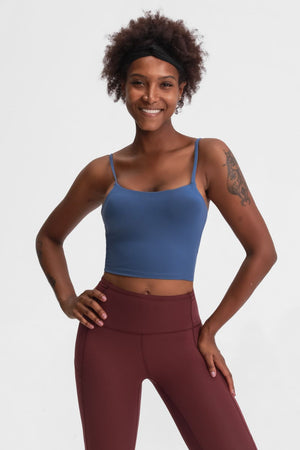 Light blue scoop neck crop tank top with thin straps
