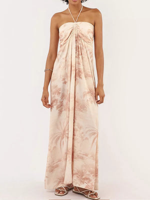 Tropical halter neck maxi dress in cream with ruched bodice and palm tree print