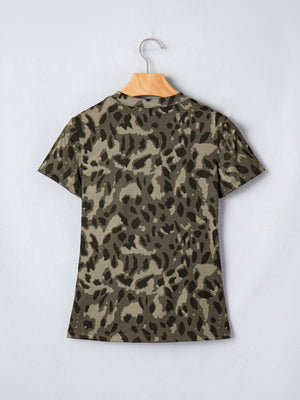 Sleek mock neck slim tee in olive green with a dark leopard print.