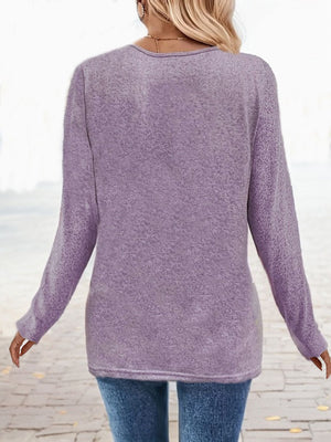 Lavender slub knit top with long sleeves and a square neckline, showing the back view.
