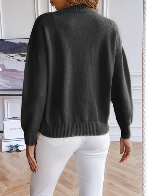 Dark gray button-down cardigan with ribbed cuffs and hem, crew neck, long sleeves.