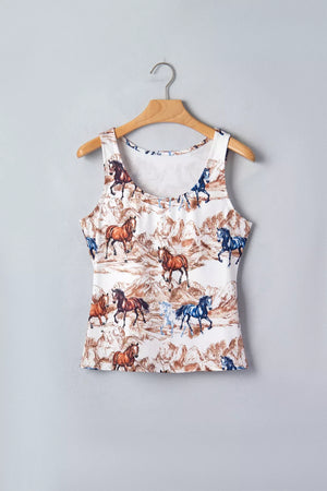 Western-inspired tank top with horse and mountain print, polyester, scoop neck.