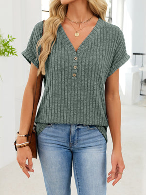 Army green ribbed knit V-neck t-shirt with buttons and short sleeves.