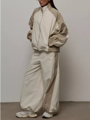 Color Block Zip Up Outerwear And Pants Set in Grey, front view