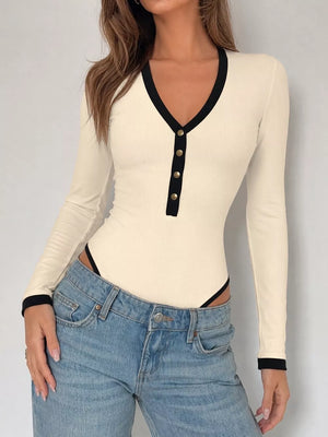 Ribbed V-neck Long Sleeve Bodysuit in Tan, front view
