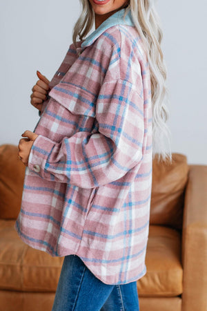 Pastel plaid shacket in dusty pink with contrast collar and button front.