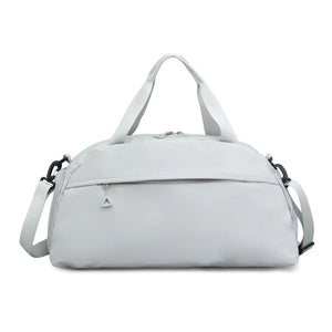 Light Gray duffel bag with top handles and detachable shoulder strap, front zip pocket.