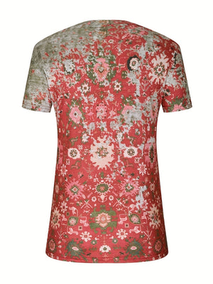 Bohemian tapestry print blouse in Deep Red with short sleeves and a crew neck.