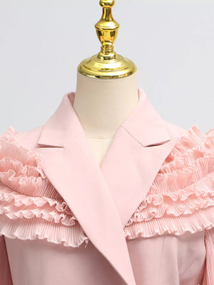 Pink skirt suit with elegant frill collar and balloon sleeves
