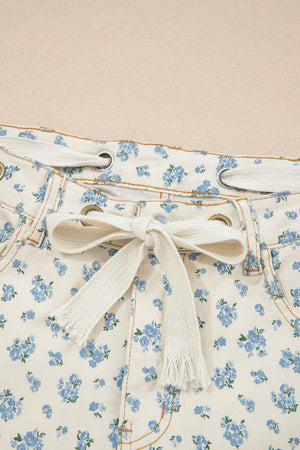 Grommet Knot Waist Floral Barrel Leg Jeans, back view