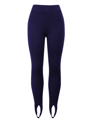 Dark Navy ribbed knit stirrup leggings with a high waist and foot straps.