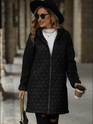 Black teddy and quilted hybrid coat with hood and zipper closure