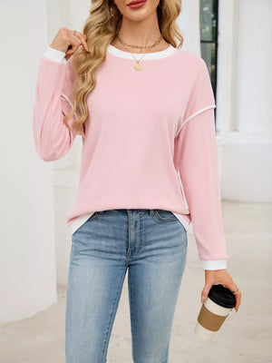 Contrast Trim Long Sleeve Sweatshirt in Black, view 17