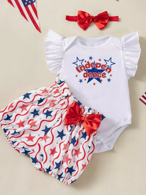 Baby 3-piece outfit with white Independence graphic bodysuit, star print bloomers, and red bow headband.