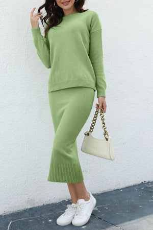 Ribbed knit midi co-ord set in Gum Leaf, featuring a crew neck sweater and midi skirt.