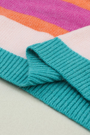 Rainbow stripe knit sweater with teal ribbed trim and balloon sleeves.