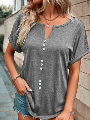 Grey short sleeve t-shirt with V-neck and decorative buttons.