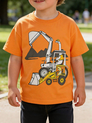 Orange toddler t-shirt with a graphic of two excavators and a dinosaur driver.