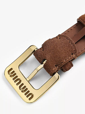 Brown cowhide leather belt with gold buckle detail