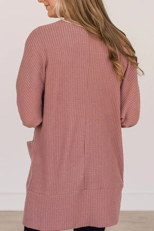 Dusty pink waffle knit open front cardigan with pockets