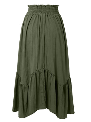 Army green tiered midi skirt with asymmetrical hem and smocked waist