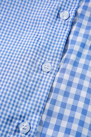 Light blue gingham oversized shirt with patch pocket detail and buttons.