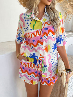 Coastal Tile Print Co-ord Set with button-up shirt and drawstring shorts in multicolor abstract pattern.