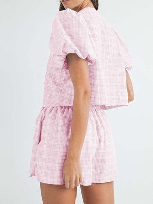 Plaid puff sleeve tie-front set in blush pink with elastic waist shorts.