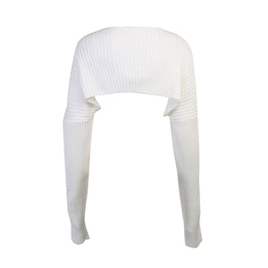 White ribbed knit sleeve shrug with long sleeves and a cropped bolero style.