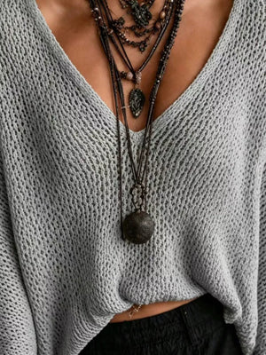 V-neck Batwing Sleeve Sweater in White, back view