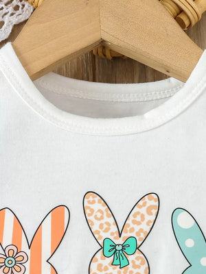 Children's Bunny Round Neck Tee And Pants Set in White, close-up detail