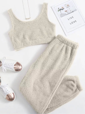 Cozy Plush Cropped Tank And Pants Lounge Set in Pink, close-up detail