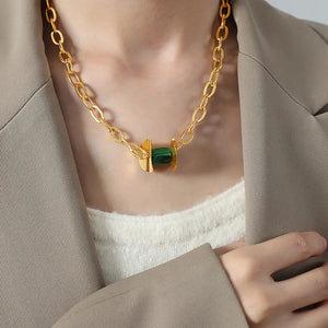 Geometric malachite pendant necklace with 18K gold-plated chain