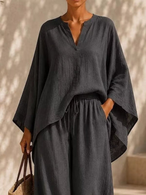 Notched Long Sleeve Top And Wide-leg Pants Set in White, editorial view