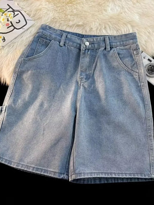 Men's light wash denim shorts with a high waist and wide leg.