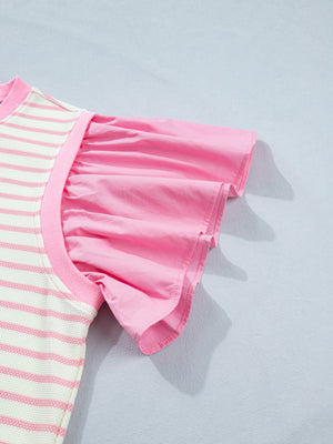 Cotton striped blouse with pink ruffled short sleeves and trim.