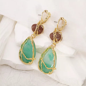 Gold-plated teardrop dangle earrings with green and brown stones