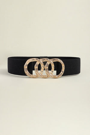Black elastic belt with triple gold interlocking ring buckle detail