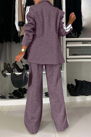 Mauve track stripe blazer and wide leg trouser set with white stripe detail on sleeves and pant legs.