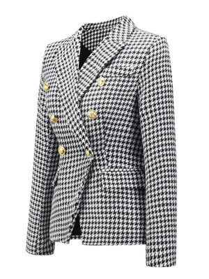 Houndstooth double-breasted blazer with gold buttons and a collar.