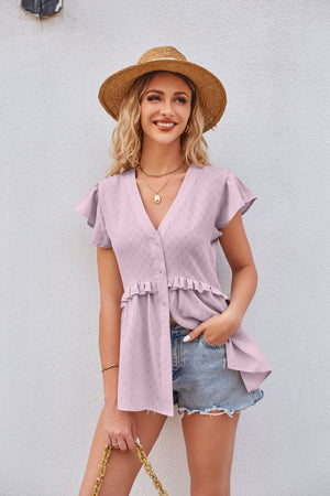 Lilac flutter sleeve peplum blouse with button front and ruffle hem detail.