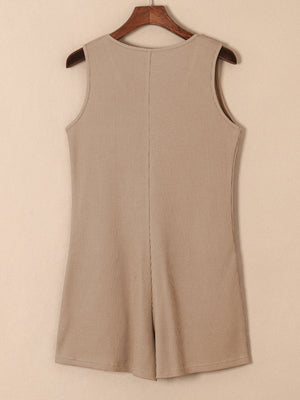 Camel waffle knit button-down romper with pockets, sleeveless, round neck