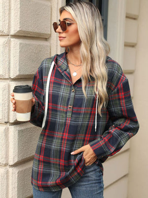 Plaid henley hooded shirt in dark navy with red and green plaid, buttoned placket, and drawstring hood.